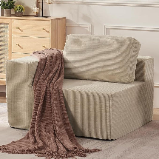 40" Modular Upholstered Foam Couch, Upholstered Floor Sofa Couch with Pillow, Single Sofa for Bedroom Living Room, No Assembly Required (Corduroy Fabric, Beige)