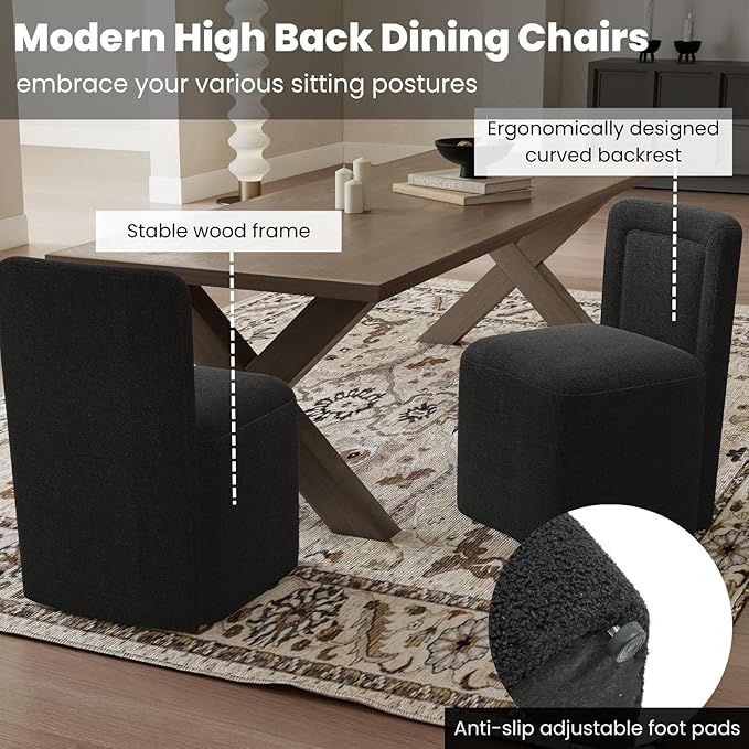 Black Upholstered Dining Chairs Set of 6, Armless Modern Sherpa Dining Chairs with High Back, Kitchen Chair for Dining Room/Restaurant/Living Room