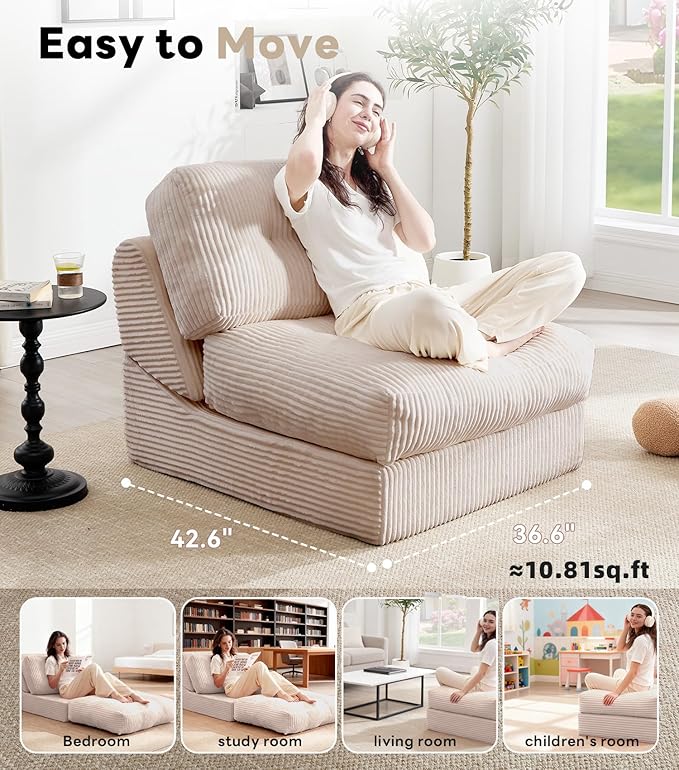 Tbfit Folding Sofa Bed, Convertible Sleeper Chair with Large Pillow, Corduroy Folding Couch Bed, Portable & Foldable Mattress Boneless Floor Sofa for Living Room, Bedroom, Office, Khaki, Single