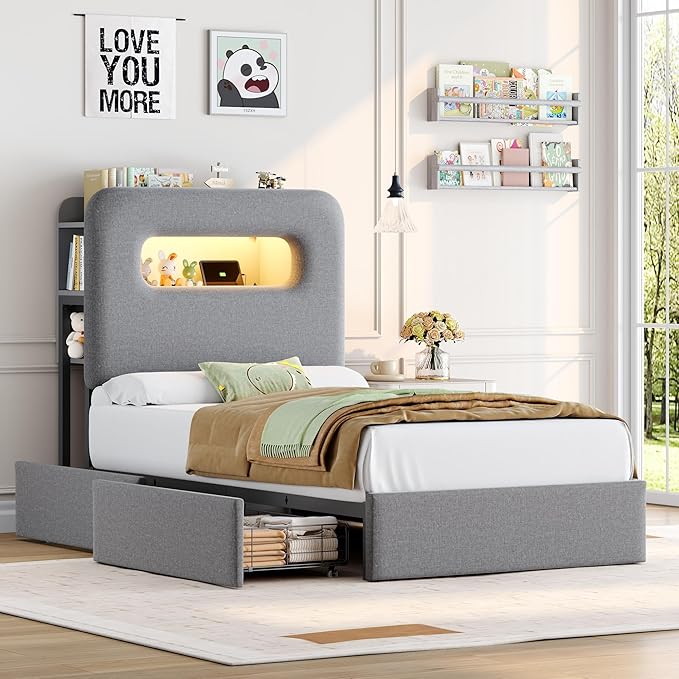 HOSTACK Twin LED Bed Frame with Storage Headboard and Charging Station, Boys Bed Frame with 2 Drawers and USB Ports, Velvet Upholstered Platform Bed Frame with Bookcase, No Box Spring Needed, Grey