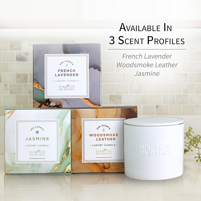 European Spa Source Woodsmoke + Leather Luxury Candle for Aromatherapy, Soy Wax Candle, Hand Poured, at Home Spa Experience Promoting Relaxation, 45 Hours of Burn Time