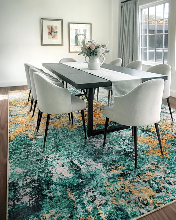 Washable Area Rug for Living Room: 8x10 Modern Abstract Neutral Soft Rug for Bedroom Dining Room No Slip Low Pile Carpet for Nursery Home Office - Teal/Orange