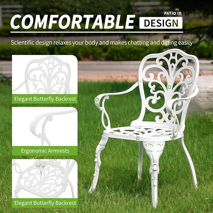Outdoor Bistro Table and Chairs Set of 2, White Metal Patio Bistro Set, Cast Aluminum Bistro Set 3 Piece Outdoor with Umbrella Hole, 3 Piece Outdoor Bistro Set for Balcony Garden Porch