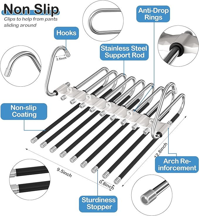 9 Layers Pants Hangers Space Saving, 2 Pack Multifunctional Pant Rack Stainless Steel Closet Organizer for Pants Jeans Leggings Trousers, Antiquewhite