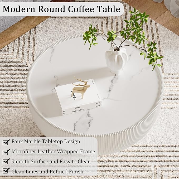 Round Coffee Table Set with Sintered Stone Tabletop, 27.56" White Drum Center Table and 19.69" Black Coffee Table Set, 2 Pieces Living Room Table Set with Fluted PU Leather Cover& Metal Base