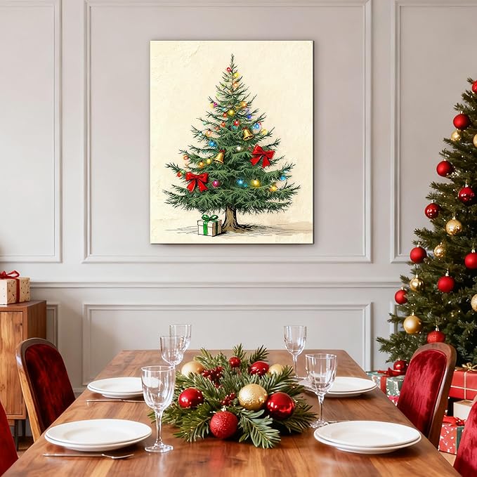 Framed Christmas Pictures Wall Decor,Vintage Pine Tree Prints,Winter Christmas Canvas Wall Art Decoration for Bedroom Bathroom Living Room Rustic Xmas Holiday Gifts (Christmas Tree 9, 16'' X 20'')