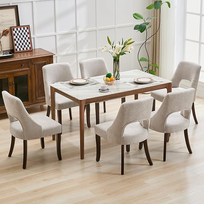 UVV Wooden Dining Chairs Set of 4, Mid Century Modern Upholstered Dining Room Chair Kitchen Chairs, Chenille Dinner Chair with Solid Wood Legs for Kitchen Dining Room, Light Grey-Chenille
