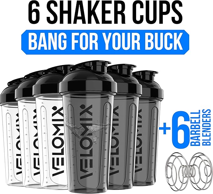 VELOMIX -6 PACK- 28 OZ Protein Shaker Bottles for Protein Mixes, Shaker Cups for Protein Shakes, Small Shaker Bottle Pack, Shaker Cup, Shakers for protein Shakes (Clear Core Set)
