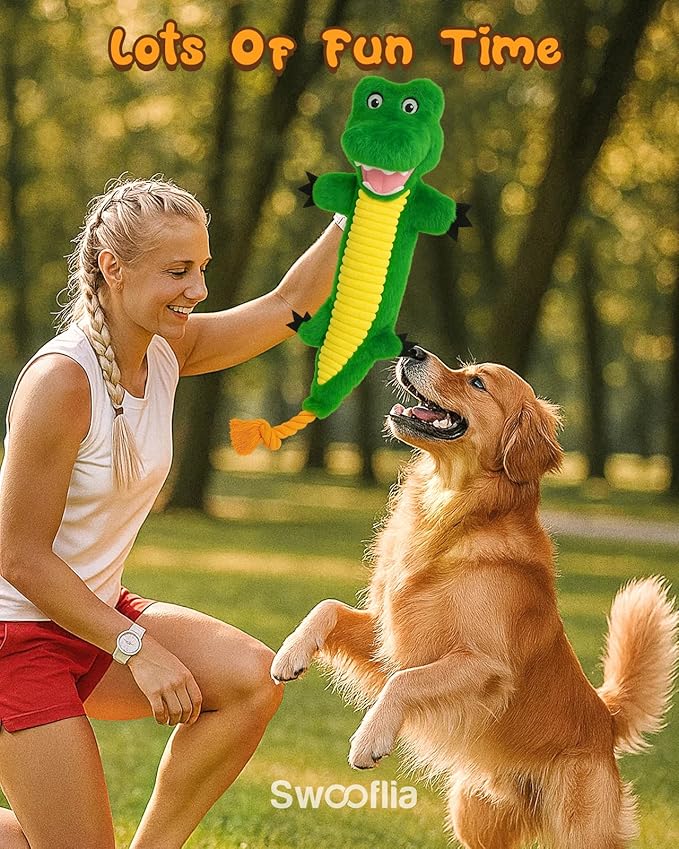 Swooflia Dog Rope Toy - Interactive Cute Dinosaur Squeaky Plush Toys No Stuffing, Teeth Cleaning for Small Medium and Large Dogs, Durable Puppy Tug of War Chew Toy for Training and Play