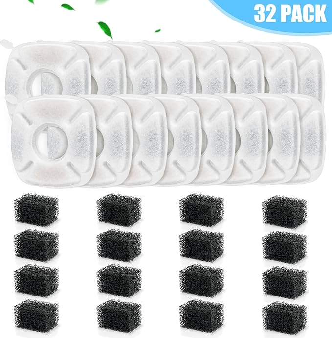 32 Pack Cat Water Fountain Filters, 16 Pcs Replacement Cats Fountain Filters & 16 Pcs Pre-Filter Sponges for 95oz/2.8L 135oz/4L 67oz/2L Automatic Pet Water Fountain Cat Dog Water Dispenser Filter