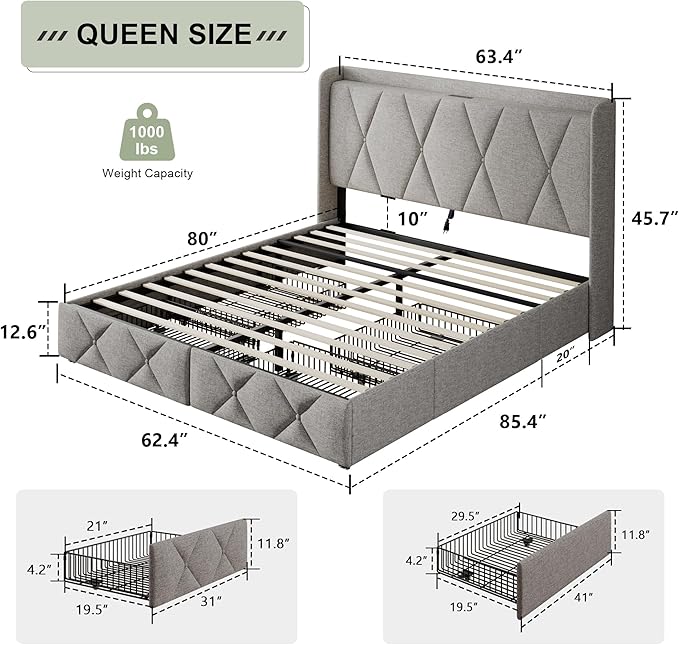 Feonase Queen Bed Frame with 4 Storage Drawers, Upholstered Button Tufted Storage Headboard with Fast Charging Station, Heavy Duty Slats Support, No Box Spring Needed, Noise-Free, Light Grey