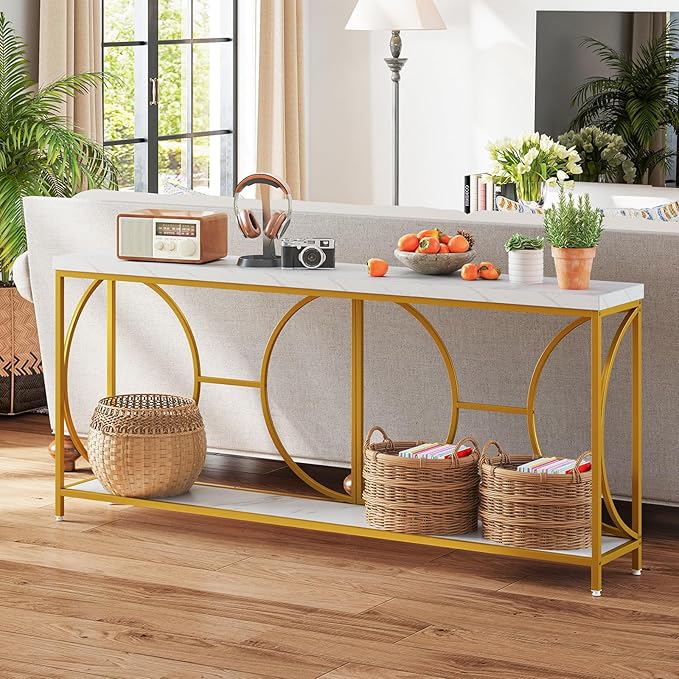 GOFLAME 71” Extra Long Console Table, 2-Tier Faux Marble Entryway Table with Storage Shelf, Geometric Metal Frame, Modern Gold Accent Table, Narrow Sofa Table for Living Room, Hallway