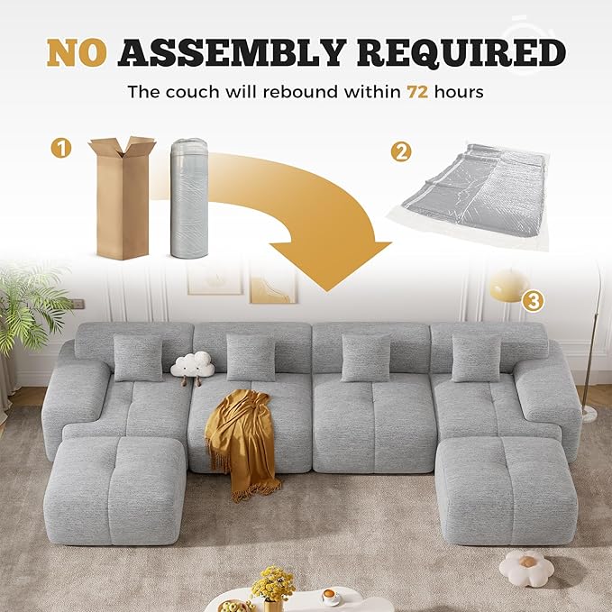 158" Modern U Shaped Modular Sectional Sofa, Boneless Couches for Living Room,6 Seater Convertible Chenille Cloud Couch Sofa Set, No Assembly Required, Light Grey 1 PCS