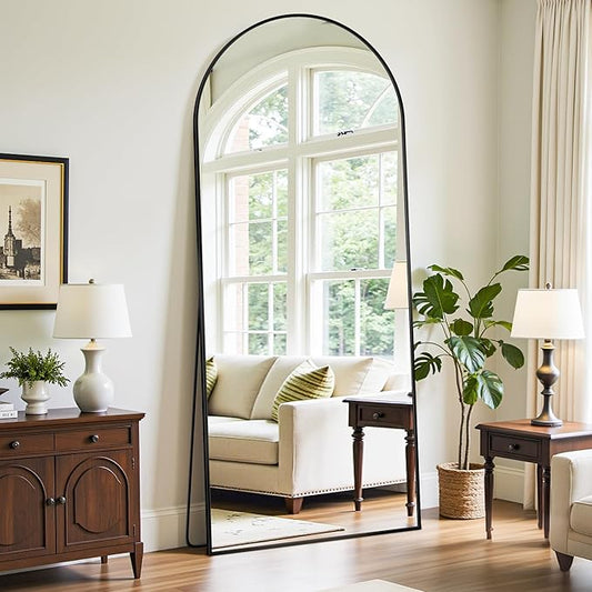 Full Length Mirror, 65"x22" Oversized Floor Mirror Freestanding, Full Body Mirror Floor Standing Mirrors with Stand, Hanging Mounted Mirrors for Bedroom Living Room, Black, Arched Style