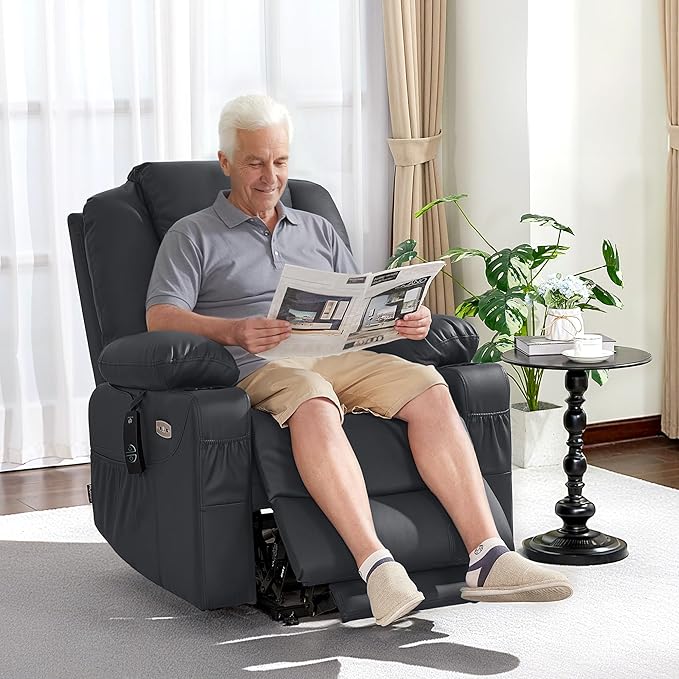 MCombo Power Lift Recliner Chair for Elderly, Lift Chair with Heat and Massage, FSC Certified, USB Ports, Cup Holders, Faux Leather 7040 (Black, Medium)