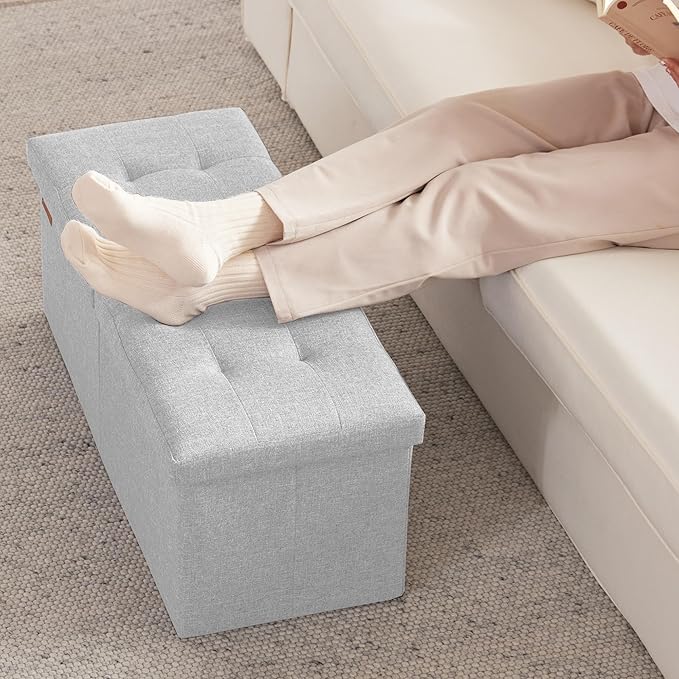 HAUSFRAU 31.5 Inches Ottoman with Storage Bench, Folding Ottoman Bench Small Foot Rest Stool, Bedroom Bench with Flipping Lid, Linen Silver