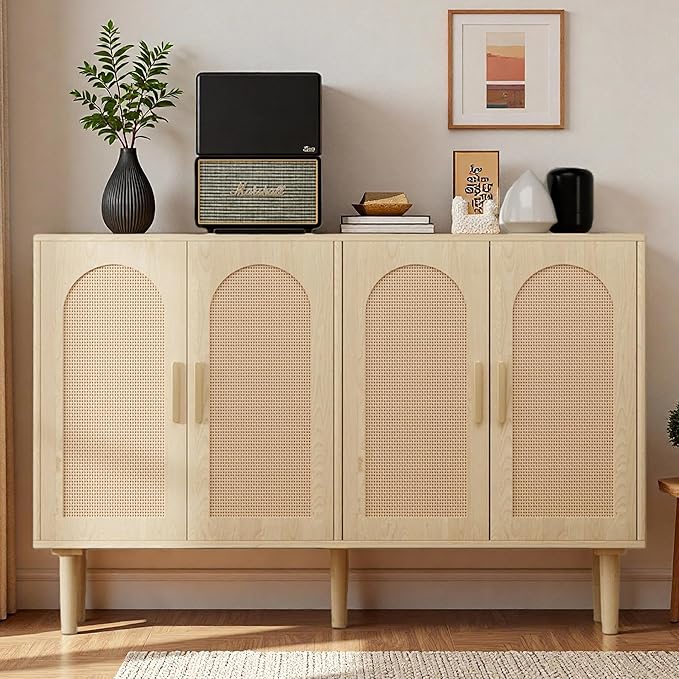 4-Door Rattan Sideboard Buffet Cabinet, 47" Large Storage Cabinet with Shleves, Wood Modern Accent Credenza Kitchen Table for Dining Room, Living Room & Entryway, Natural