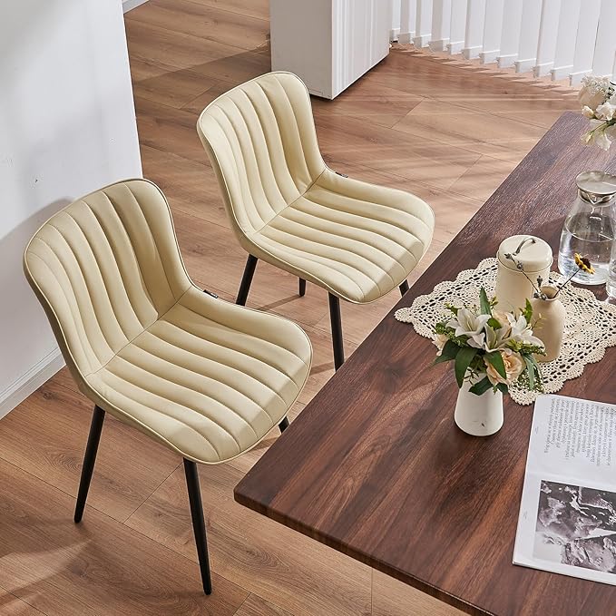 YOUNUOKE Mid-Century Modern Dining Chairs Set of 2, Beige PU Leather Upholstered Kitchen Chairs with Black Metal Legs, Armless Accent Chair for Dining Room, Guest Reception Room