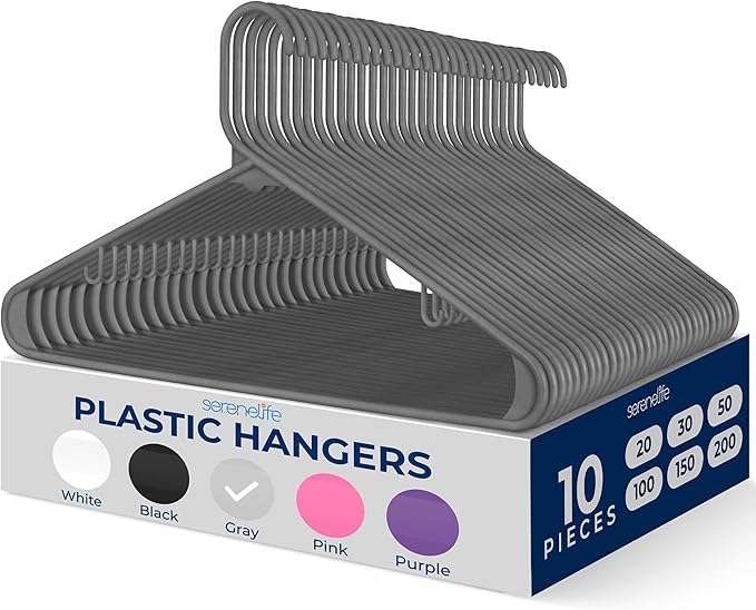 SereneLife Premium 10 Pack Plastic Hangers, Lightweight, Durable, Space Saving Clothes Organizers, Suitable for Shirts, Sweaters, Hoodies, Dresses, Kids Clothes, Good for Home Organization (Gray)