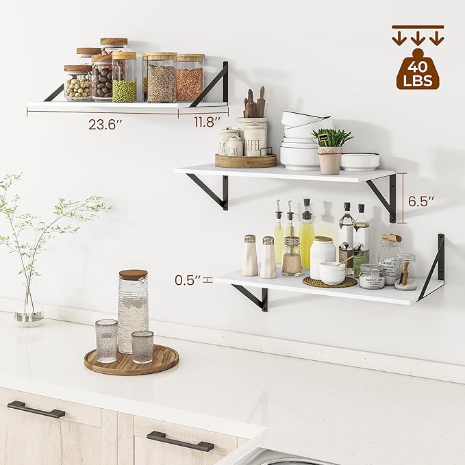 Heimlove 24" W x 12" D Wall Shelves for Books, 12 Inch Deep Floating Shelves Set of 3, Wide Floating Bookshelf with Metal Bracket for Living Room, Kitchen, Office, Bedroom and Decor Storage - White