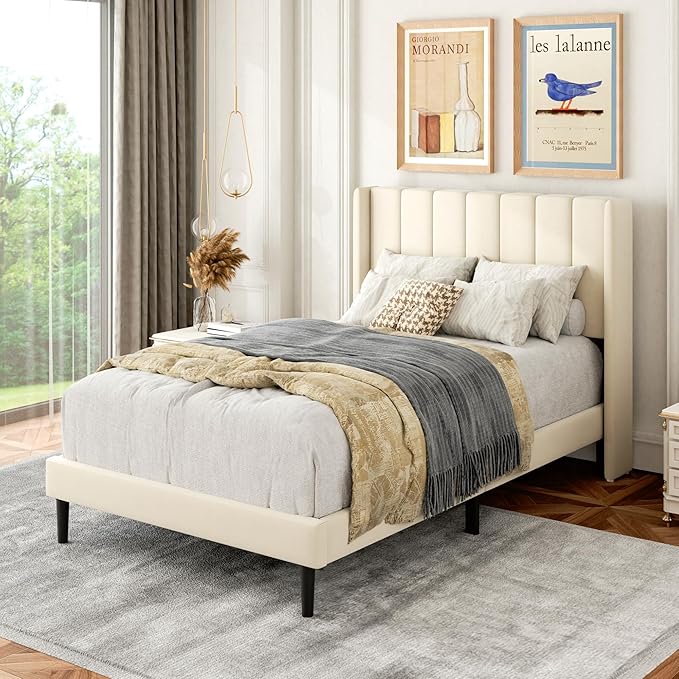 Twin Size Bed Frame with Upholstered Wingback Headboard, Easy Assemnly Platform Bed, Wooden Slat Support No Box Spring Needed, Cream