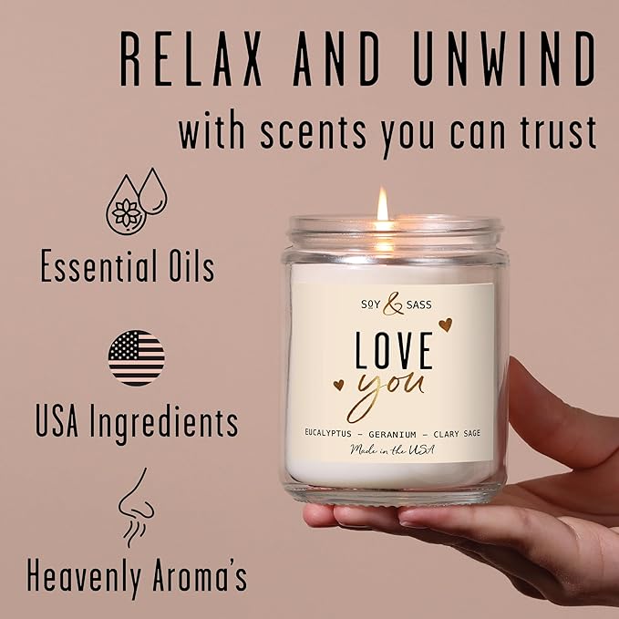 Valentines Day Gifts for Her, Valentine Candles -I Love You Candle, w/Eucalyptus & Geranium I I Love You Gifts for Her I Valentines Day Candle for Wife, Girlfriend I 9oz, 50Hr Burn, USA Made