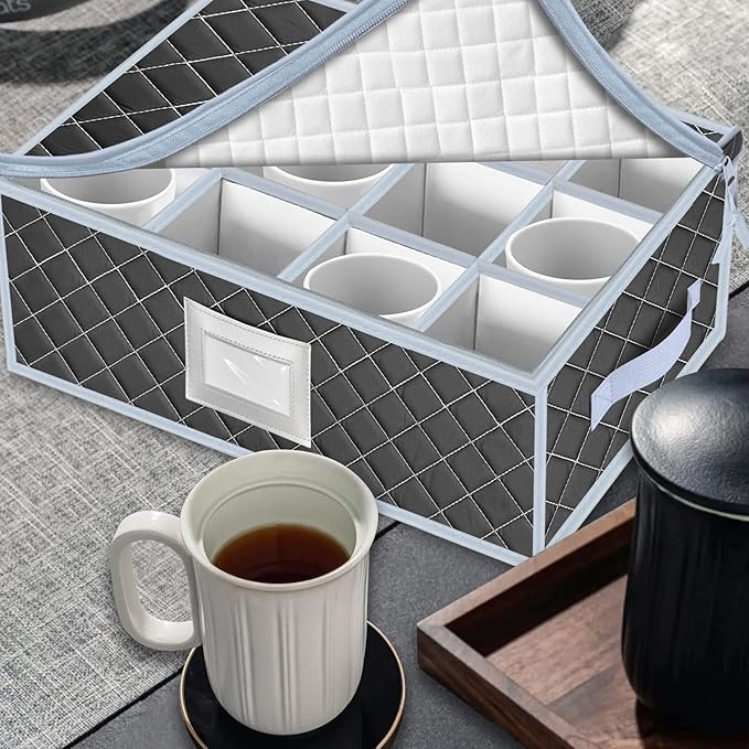 VERONLY China Dinnerware Storage Containers Set- Dish,Mug,Stemware Storage Cases - Quilted Box Bins Stackable with Divider,handles,Clear Window for Cups,Plates,Wine Glasses Moving Set of 6 (Grey