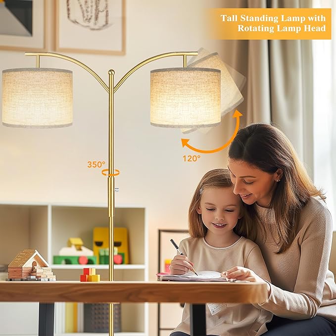Dimmable Floor Lamp, Arc Floor Lamps for Living Room, Stepless Dimming Modern Standing Lamp with Linen Shade, Tall Lamp for Bedroom Office Dining Room- Brushed Gold