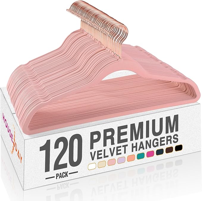 HOUSE DAY Pink Velvet Hangers 120 Pack, Premium Non-Slip Felt Clothes, Sturdy Heavy Duty Coat, Durable Hangers for Suits, Space Saving with No Hanger Mark, 360° Swivel Rotating Rose Gold Hook