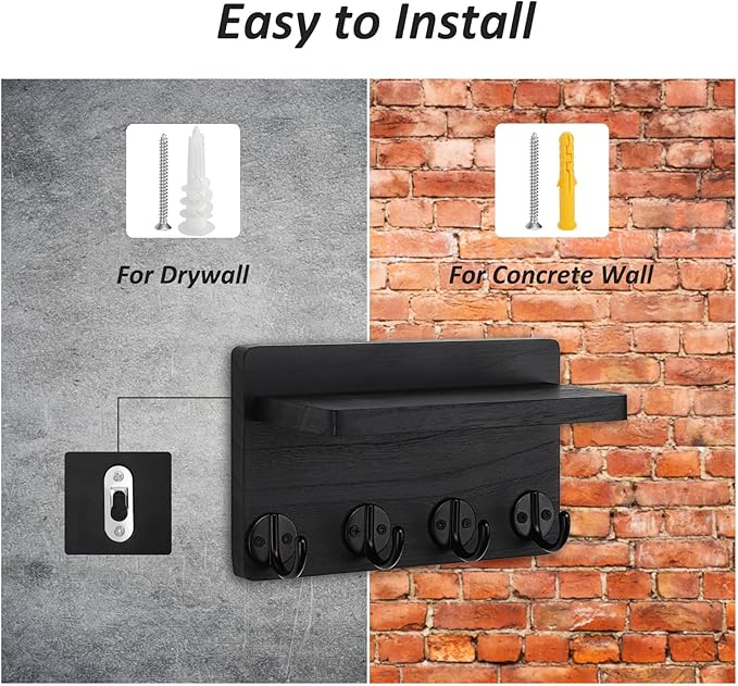 Nekon Key Holder Wall Mount, 8.5 Inch Small Home Decor Wooden Wall Organizer with 4 Hooks and Shelf, Wall Decor for Living Room Entryway Kitchen (Black)