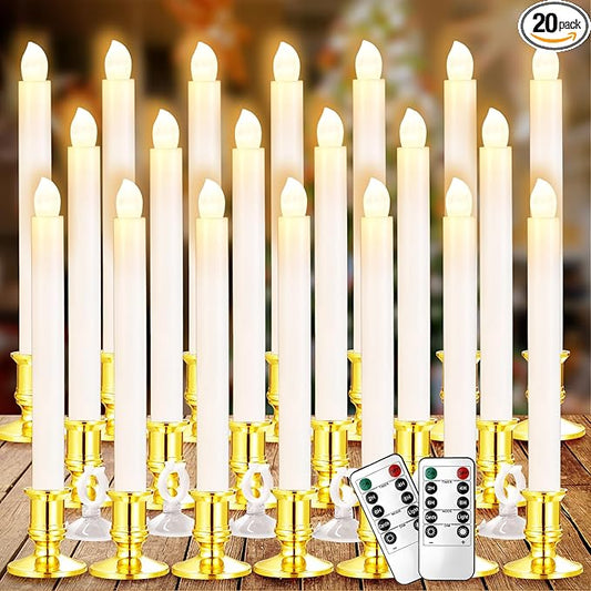 YAUNGEL Window Candles, 20 Pack LED Battery Operated Christmas Candles for Windows with Remote Timer Electric Candle Lights with Removable Candle Holders Suction Cups for Christmas Decorations, Gold