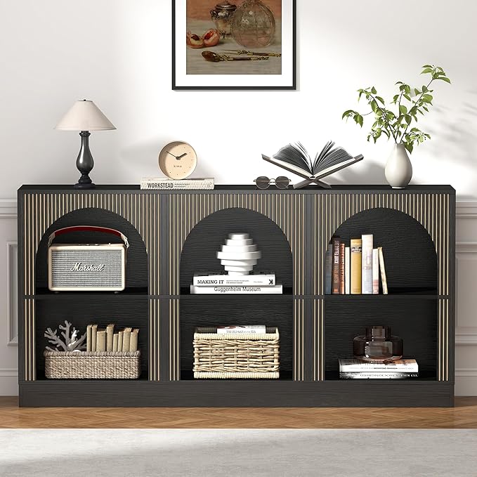 Console Table Set of 2, Extra Long 126" Arched Entryway Table with 3-Tier Open Storage, Rectangular Wooden Sofa Table for Living Room, Hallway, Behind Couch (2, Black)