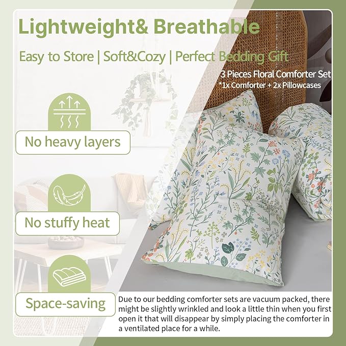 EAVD Botanical Floral Comforter Set Twin XL Soft Chic Cute Colorful Floral Leaves Print Bedding Set 1 Twin XL Comforter and 2 Pillowcases Vintage Garden Botanical Comforter Set for All-Season