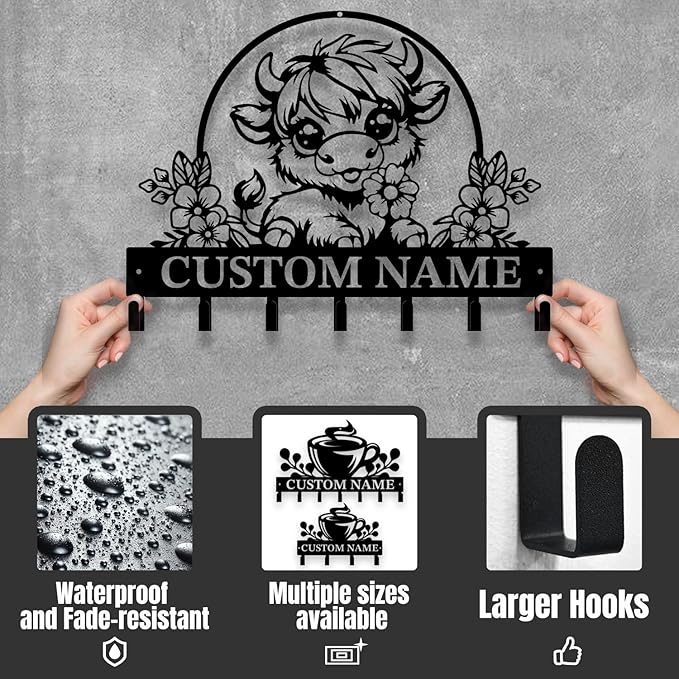 Personalized Highland Cow Metal Keys Hooks,Custom Name Metal Highland Cow Keys Hooks,Black Metal Highland Cow Wall Home Storage Decorative Keys Hooks,Key Holder Hooks for Wall (Style C)