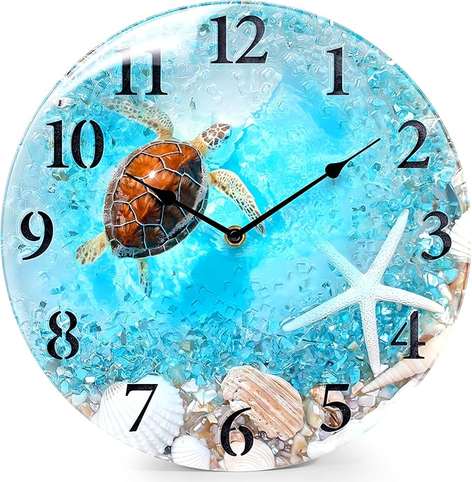 Coastal Nautical Glass Wall Clock with Seashell Design and Turtle Beach Theme - Battery Operated Silent Wall Decor for Home, Kitchen, Living Room, Office, Bedroom, or Bathroom (12 Inch,Blue)