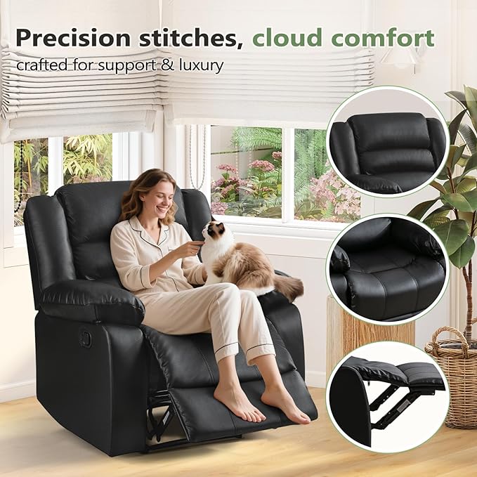 ANJ Black Recliner Chair Set of 2, with Overstuffed Arm and Back, Breathable Faux Leather Manual Reclining Chairs, Living Room Single Sofa Recliners