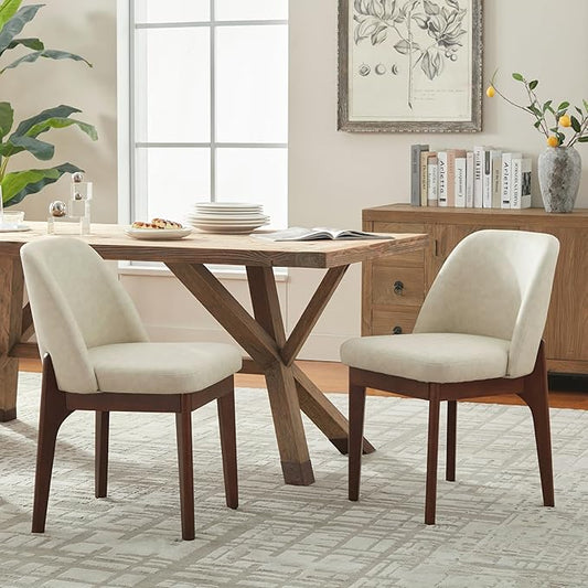 VKNOW Modern Dining Chairs Set of 2, Faux Leather Kitchen Chairs with Wood Legs, Upholstered Side Chair for Kitchen Dining Room, Beige