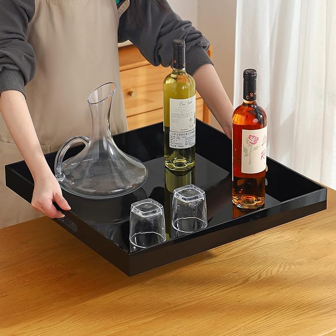 Black Oversize Acrylic Serving Tray with Handles 19x19 Inch -Spill Proof- Decorative Trays Countertop Organizer for Ottoman,Nightstand, Sidetable, Butler (19x19 Inch, Black)