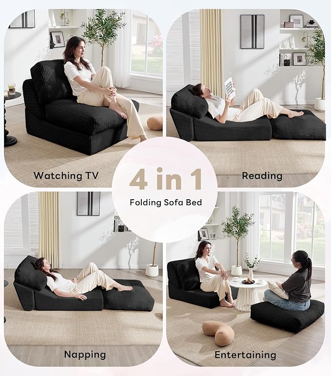 Tbfit Folding Sofa Bed, Convertible Sleeper Chair with Large Pillow, Corduroy Folding Couch Bed, Portable & Foldable Mattress Boneless Floor Sofa for Living Room, Bedroom, Office, Black, Single