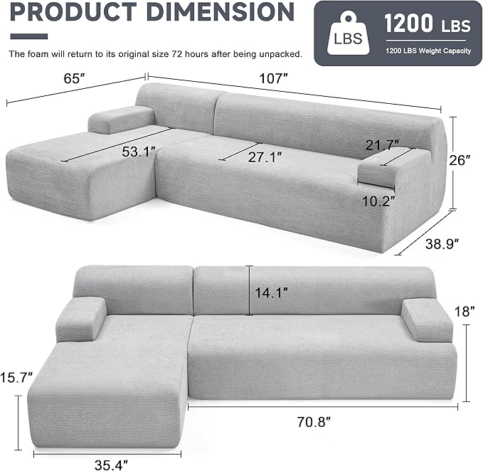 107” Modular Sectional Sofa, Boneless Couch Modern Sofa for Living Room, High Density Sponges Cloud Couch Sectional, L-Shape Couches for Living Room, LightGrey
