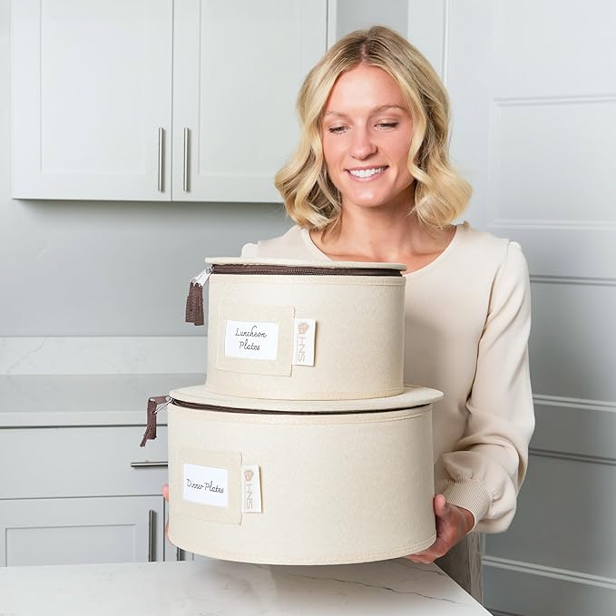 Hard Shell China Storage Containers 12-Piece Set Moving Boxes for Dinnerware, Glasses, Plates, Mugs and Saucers Sturdy Dish Organizer with Dividers for Seasonal Storage - Service for 12 - Beige