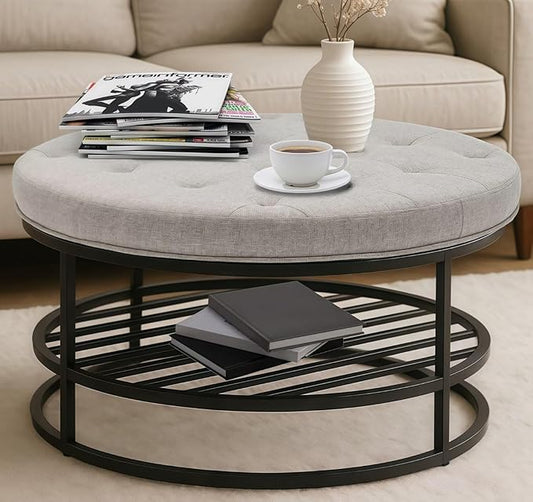 Ottoman Coffee Table with Upholstered Tufted Linen Fabric, Round Center Table with Storage Large Footrest Ottoman for Living Room Gray