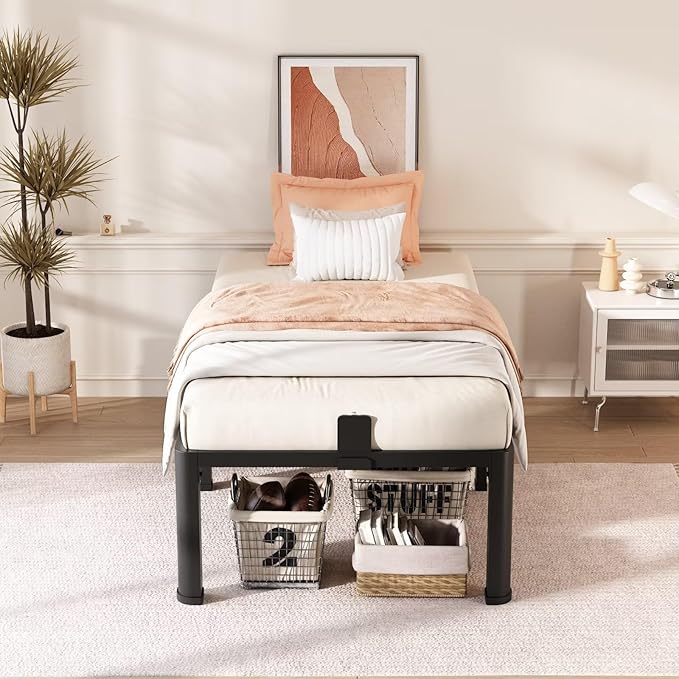 FUIOBYVV 18 Inch Twin Bed Frame with Rounded Corner and Headboard Hole Mattress Retainers 3500 LBS Metal Heavy Duty Steel Slats Support No Box Spring Needed Platform Noise Free Easy Assembly