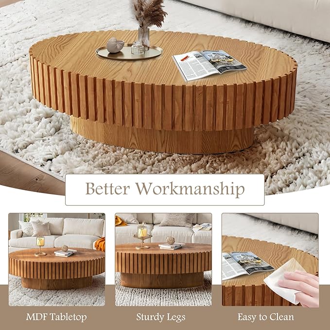 Fluted Coffee Table 43.3" Oval Wooden Coffee Tables Modern Handcraft Drum Coffee Table with Solid Wood Relief Sturdy Pedestal Accent Table for Living Room Home Office,Wood Color