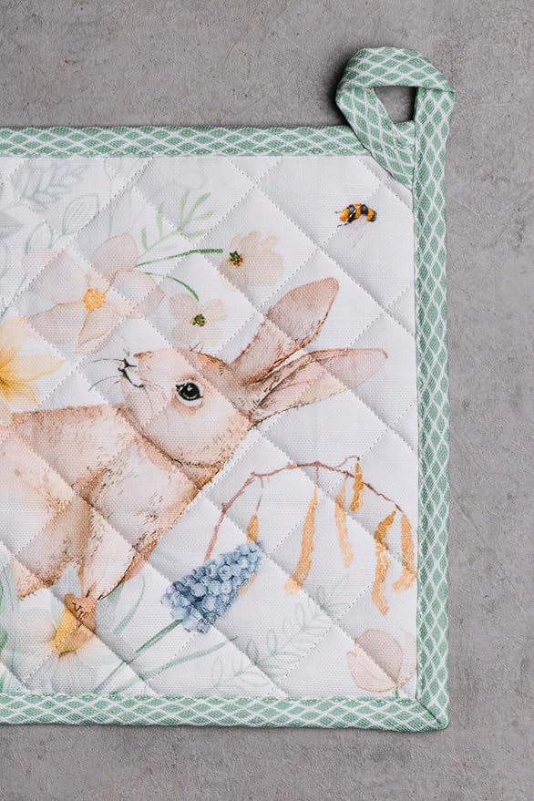 Maison d' Hermine Pot Holders Set 100% Cotton Heat Resistant Potholders 8" x 8" Hot Pads with Loop BBQ, Cooking, Baking, Grilling, Kitchen, Handling Hot Pans Spring/Summer (Pack of 2, Easter Dew)