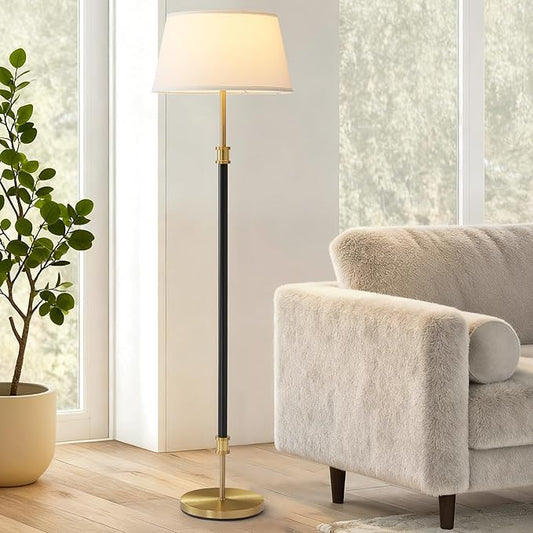 Modern Mid Century Floor Lamp with Soft Linen Shade, 63” Tall Black & Brass Standing Lamp, Weighted Base, Warm Ambient Light for Living Room, Bedroom & Reading Corners (Black & Gold)