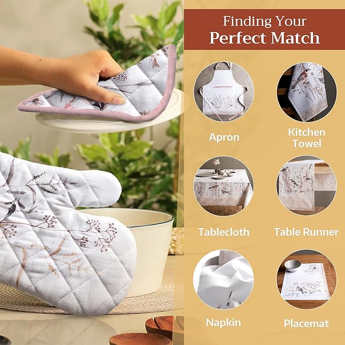 Maison d' Hermine Oven Gloves 100% Cotton Oven Mitt 7" x 13" with Loop Heat Resistant, BBQ, Cooking Gloves, Grilling, Kitchen, Handling Hot Pans Spring/Summer (Pack of 1, Meadow Florals - Brown)