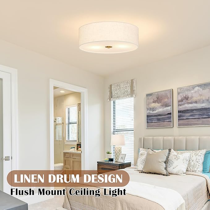 12.6 Inch Flush Mount Ceiling Light Gold Ceiling Fixture 2-Light Drum Modern Lights Close to Lights Fixture with Fabric Shade for Living Room Hallway Entryway Bedroom