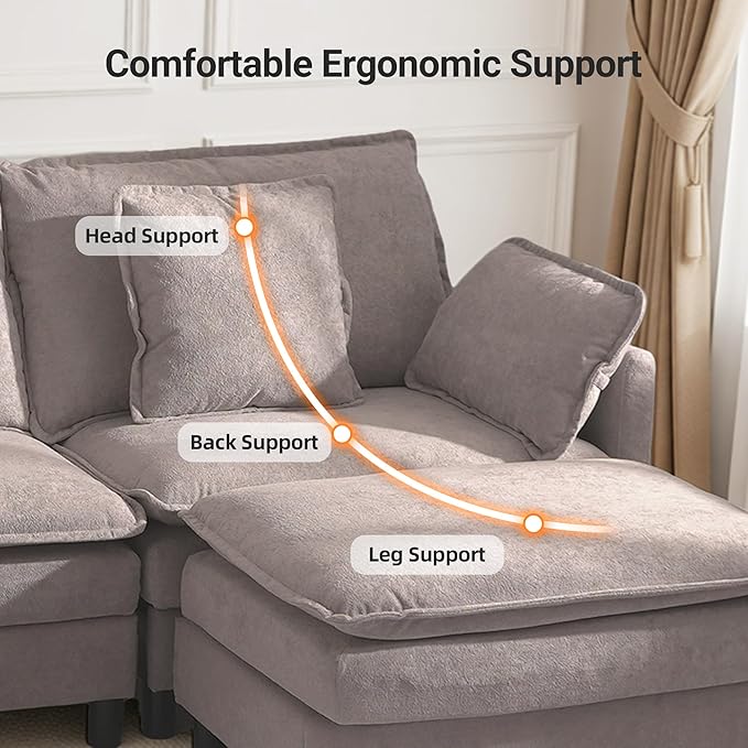 Claiks 110" Modular Sectional Sofa, Cloud Couch with Ottoman, U-Shaped 5-Seater Sofa in Chenille Fabric, Deep Seat Comfy Couch with Pillows for Living Room & Offices, Light Gray