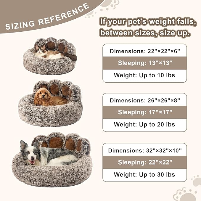 Jiupety Paw Shape Calming Pet Bed, Plush Faux Fur Donut Bed for Dogs & Cats, Machine Washable, Non-Slip Bottom, Large Size (26"×26"×8"), Gray